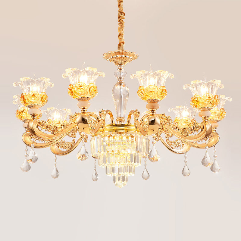 Blossom Crystal Glass Chandelier Antique Style Bedroom Ceiling Hang Light in Gold 10 Gold Clearhalo 'Ceiling Lights' 'Chandeliers' Lighting' options 2275601_5911cd96-890e-49c1-a8a9-6cd7c4f0dce7
