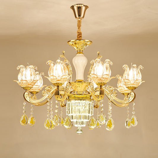Carved Glass Lotus Shape Hanging Lamp Traditional Bedroom Chandelier with Crystal Accents in Gold Clearhalo 'Ceiling Lights' 'Chandeliers' Lighting' options 2275609