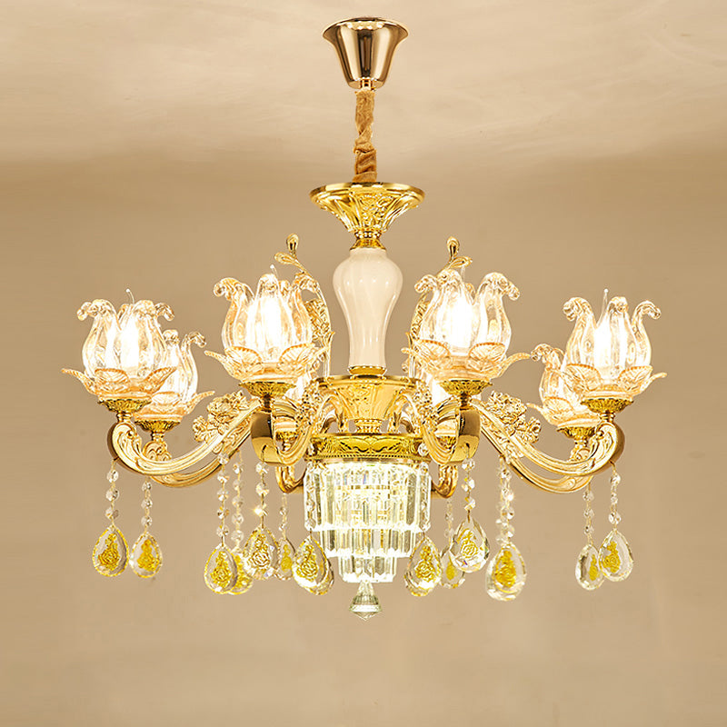 Carved Glass Lotus Shape Hanging Lamp Traditional Bedroom Chandelier with Crystal Accents in Gold 8 Gold Clearhalo 'Ceiling Lights' 'Chandeliers' Lighting' options 2275609_677fc57a-c405-473d-a0a9-148fd175bfd4