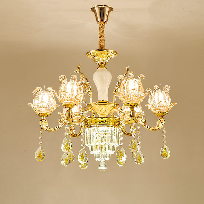 Carved Glass Lotus Shape Hanging Lamp Traditional Bedroom Chandelier with Crystal Accents in Gold 6 Gold Clearhalo 'Ceiling Lights' 'Chandeliers' Lighting' options 2275612_1eb13ea2-fa66-45f8-919a-4d7901e31e08