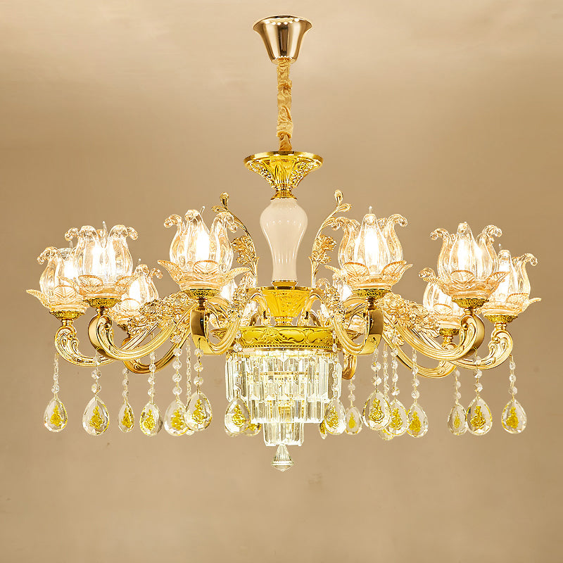 Carved Glass Lotus Shape Hanging Lamp Traditional Bedroom Chandelier with Crystal Accents in Gold 10 Gold Clearhalo 'Ceiling Lights' 'Chandeliers' Lighting' options 2275613_4dfcee37-78a4-49b7-91b1-abad34905306