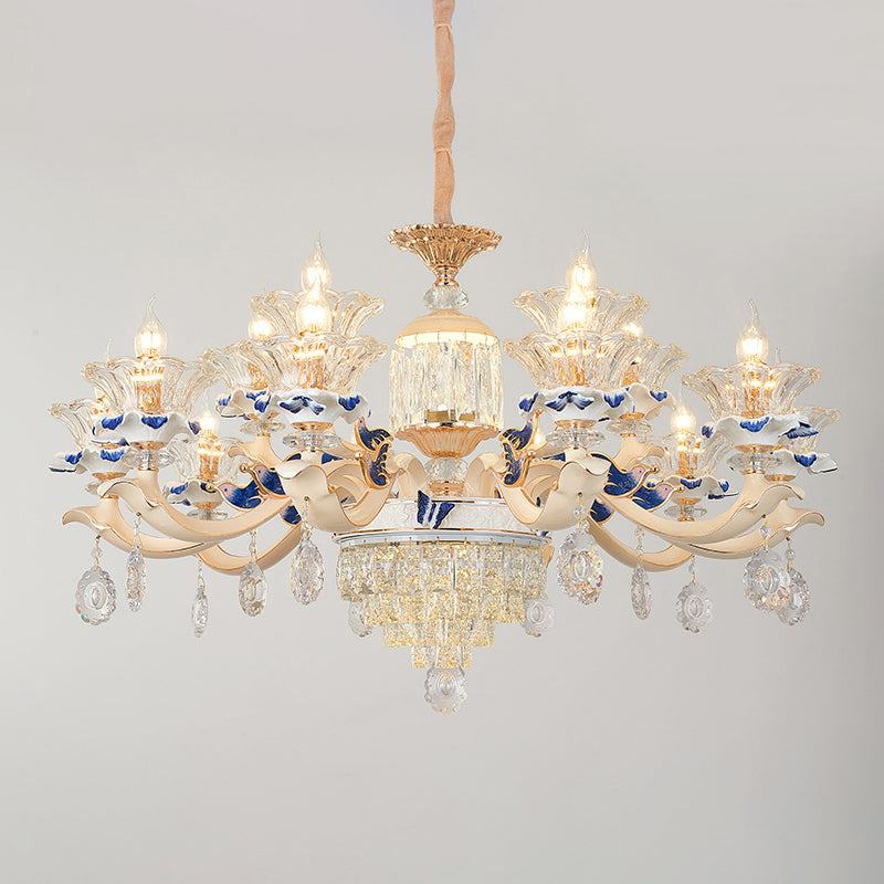 Clear K9 Crystal Flower Chandelier Traditional Dining Room Hanging Ceiling Light with Ceramic Decor 15 Clear Clearhalo 'Ceiling Lights' 'Chandeliers' Lighting' options 2275615_b8b52c81-2019-4f38-9cbf-0ce75b77b37e