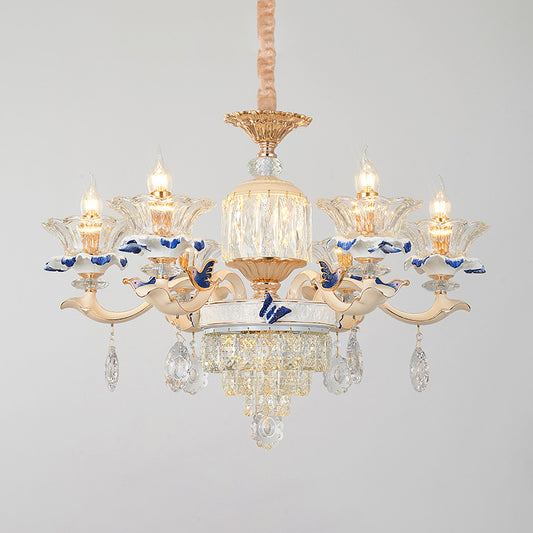 Clear K9 Crystal Flower Chandelier Traditional Dining Room Hanging Ceiling Light with Ceramic Decor Clearhalo 'Ceiling Lights' 'Chandeliers' Lighting' options 2275616