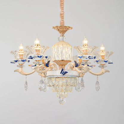 Clear K9 Crystal Flower Chandelier Traditional Dining Room Hanging Ceiling Light with Ceramic Decor 6 Clear Clearhalo 'Ceiling Lights' 'Chandeliers' Lighting' options 2275616_fbaddc80-99aa-46e3-a01a-03539863a177