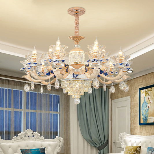 Clear K9 Crystal Flower Chandelier Traditional Dining Room Hanging Ceiling Light with Ceramic Decor Clearhalo 'Ceiling Lights' 'Chandeliers' Lighting' options 2275617