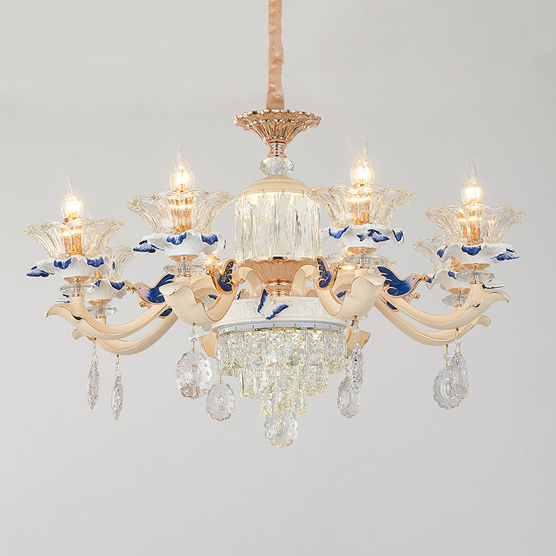 Clear K9 Crystal Flower Chandelier Traditional Dining Room Hanging Ceiling Light with Ceramic Decor 8 Clear Clearhalo 'Ceiling Lights' 'Chandeliers' Lighting' options 2275618_24ef7564-3ce5-4090-9184-f79a37249de9