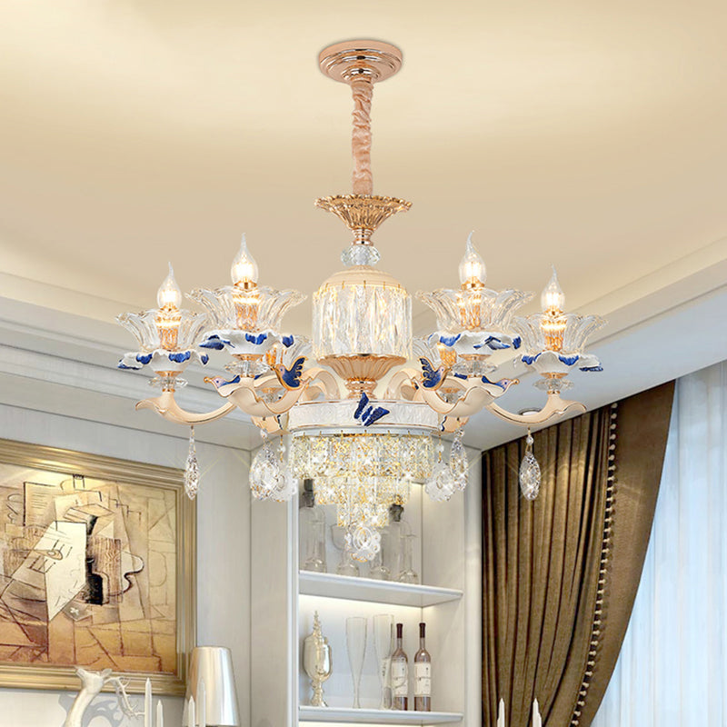 Clear K9 Crystal Flower Chandelier Traditional Dining Room Hanging Ceiling Light with Ceramic Decor Clearhalo 'Ceiling Lights' 'Chandeliers' Lighting' options 2275619