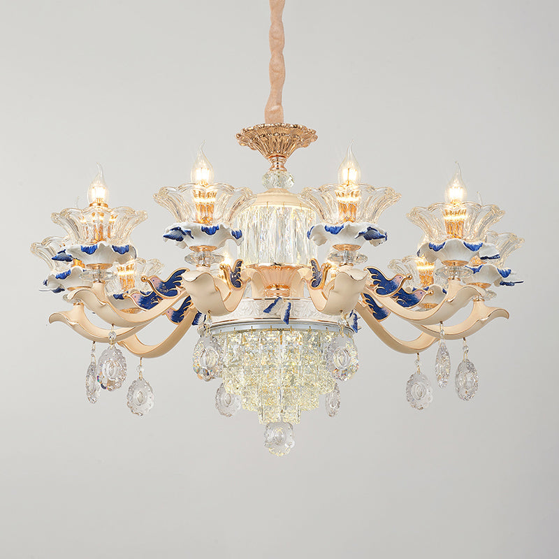 Clear K9 Crystal Flower Chandelier Traditional Dining Room Hanging Ceiling Light with Ceramic Decor Clearhalo 'Ceiling Lights' 'Chandeliers' Lighting' options 2275620
