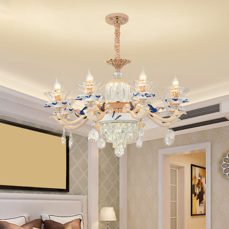 Clear K9 Crystal Flower Chandelier Traditional Dining Room Hanging Ceiling Light with Ceramic Decor Clearhalo 'Ceiling Lights' 'Chandeliers' Lighting' options 2275621