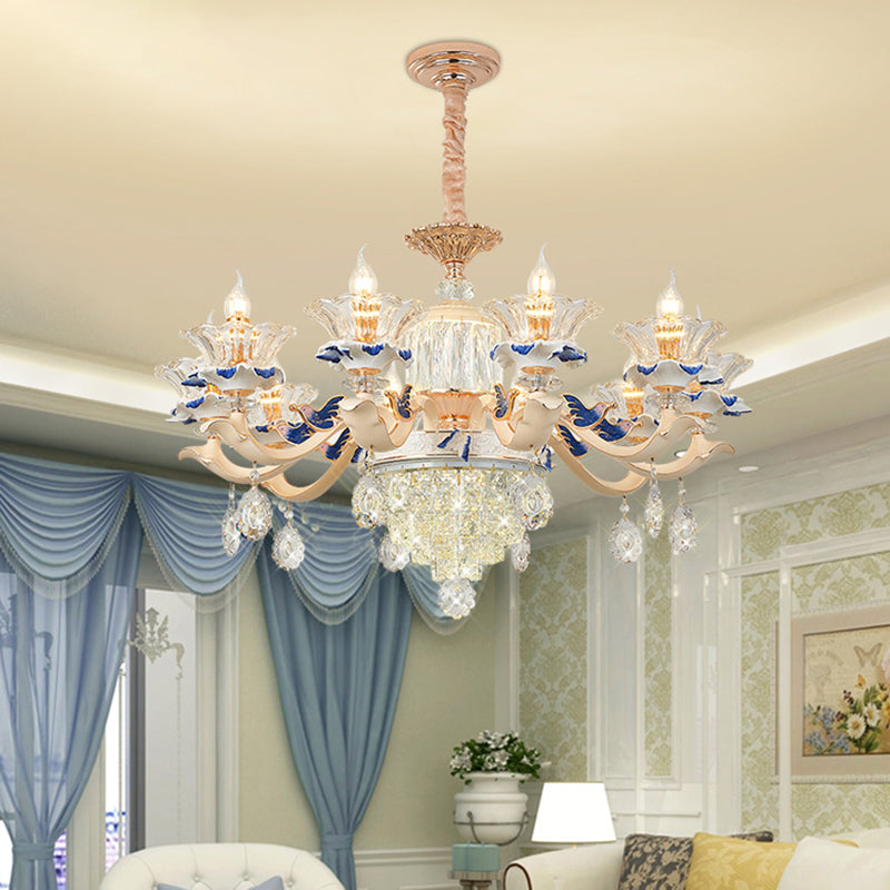 Clear K9 Crystal Flower Chandelier Traditional Dining Room Hanging Ceiling Light with Ceramic Decor Clearhalo 'Ceiling Lights' 'Chandeliers' Lighting' options 2275622