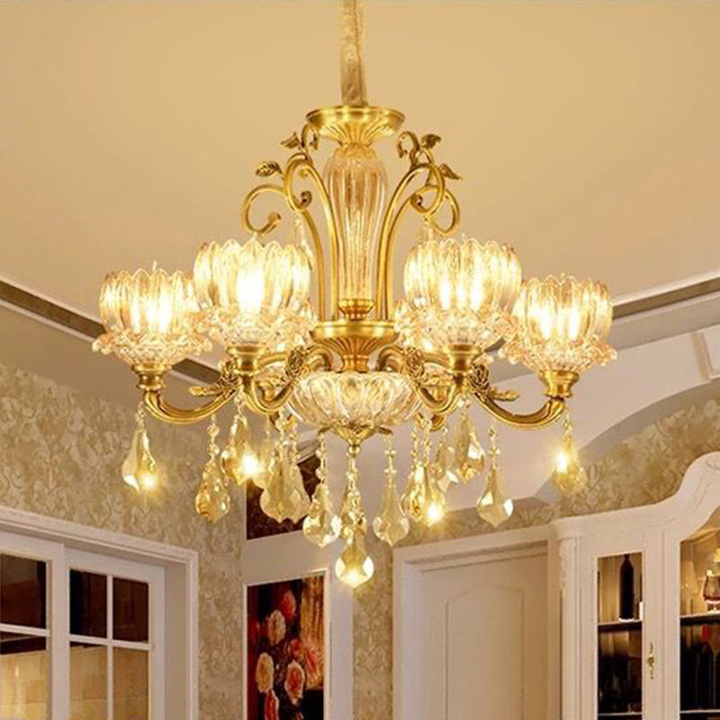Carved Crystal Hanging Light Antique Gold Finish Lotus Dining Room Ceiling Chandelier 6 Gold Clearhalo 'Ceiling Lights' 'Chandeliers' Lighting' options 2275623_926ddd1d-e340-467b-91c4-d574e6de74de