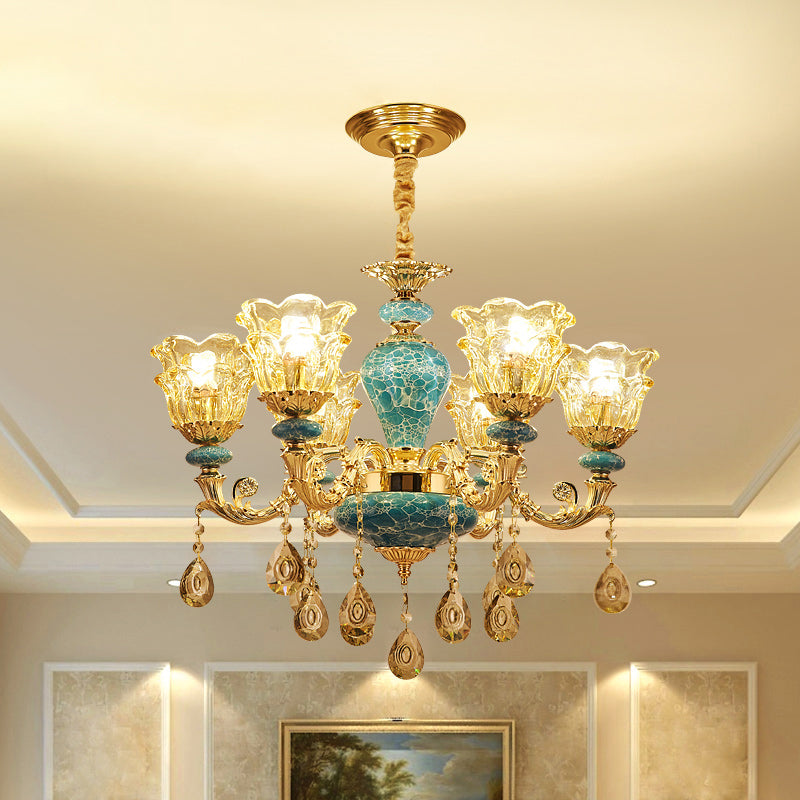 2-Layered Flower Chandelier Vintage Gold Finish Clear Glass Hanging Ceiling Light Clearhalo 'Ceiling Lights' 'Chandeliers' Lighting' options 2275628