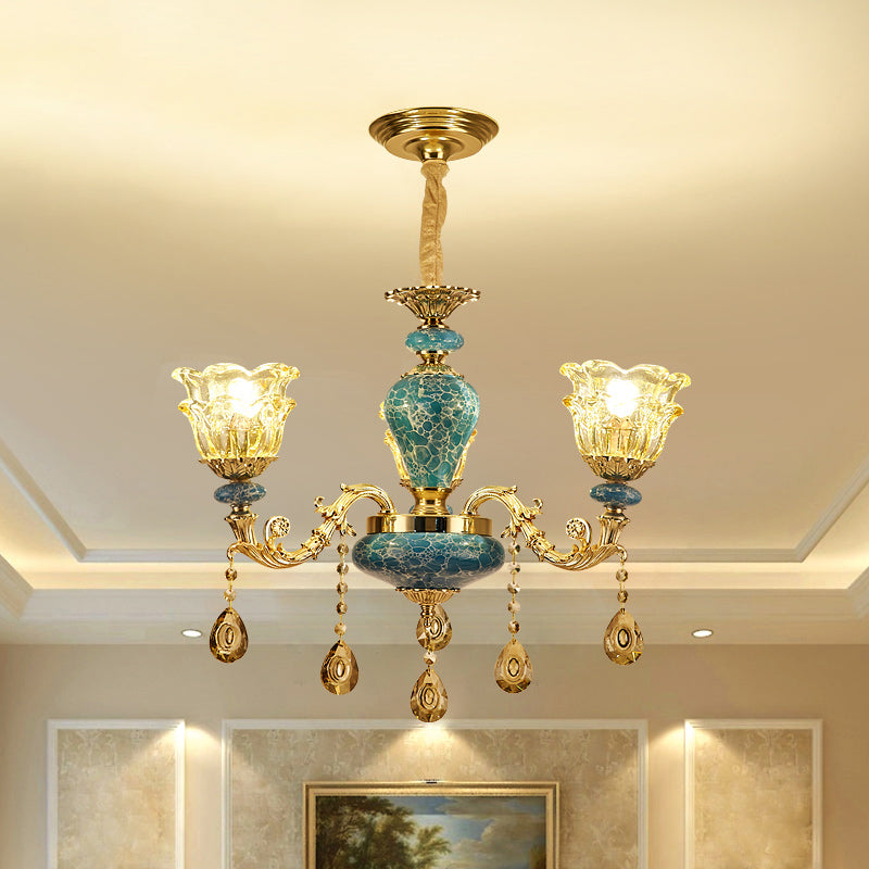 2-Layered Flower Chandelier Vintage Gold Finish Clear Glass Hanging Ceiling Light 3 Gold Clearhalo 'Ceiling Lights' 'Chandeliers' Lighting' options 2275630_f5bd02a2-5ad1-4f93-8967-26d3f270385e