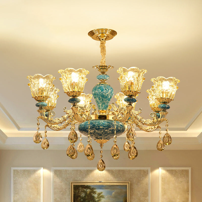 2-Layered Flower Chandelier Vintage Gold Finish Clear Glass Hanging Ceiling Light Clearhalo 'Ceiling Lights' 'Chandeliers' Lighting' options 2275631