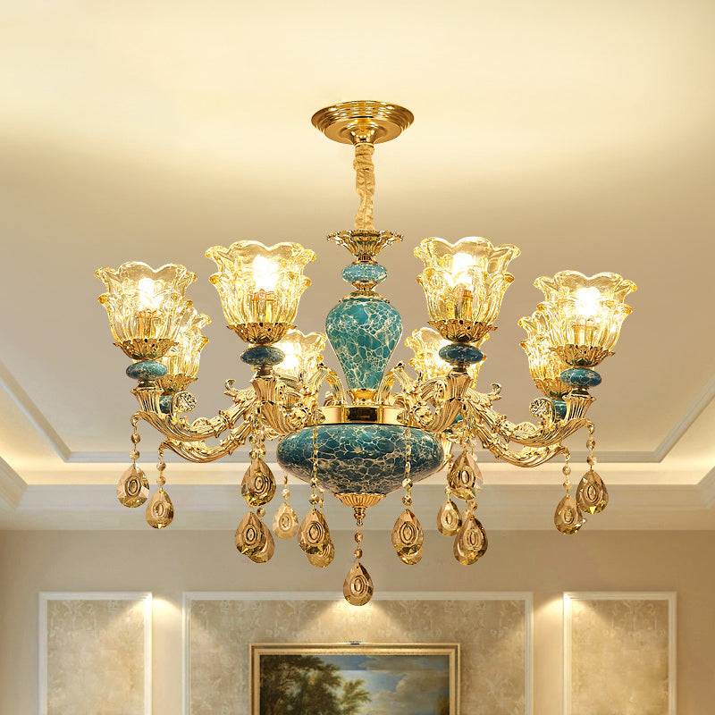 2-Layered Flower Chandelier Vintage Gold Finish Clear Glass Hanging Ceiling Light 8 Gold Clearhalo 'Ceiling Lights' 'Chandeliers' Lighting' options 2275631_22839c0a-d4fd-4d7c-9d1a-7ace219cc436