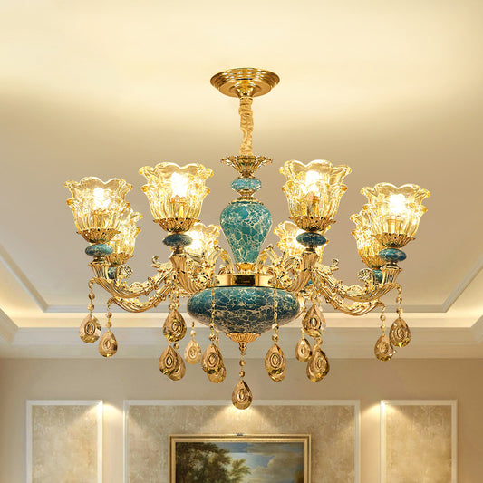 2-Layered Flower Chandelier Vintage Gold Finish Clear Glass Hanging Ceiling Light Clearhalo 'Ceiling Lights' 'Chandeliers' Lighting' options 2275631
