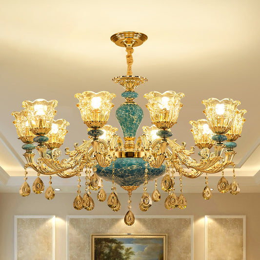 2-Layered Flower Chandelier Vintage Gold Finish Clear Glass Hanging Ceiling Light Clearhalo 'Ceiling Lights' 'Chandeliers' Lighting' options 2275632