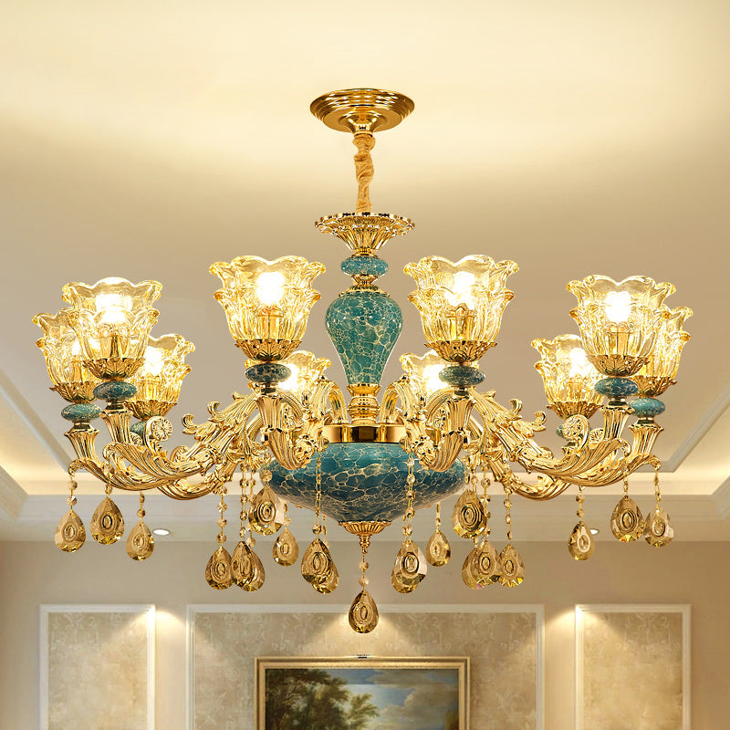 2-Layered Flower Chandelier Vintage Gold Finish Clear Glass Hanging Ceiling Light 10 Gold Clearhalo 'Ceiling Lights' 'Chandeliers' Lighting' options 2275632_c2c567f0-bd4e-4af5-9a36-b4698df9898f