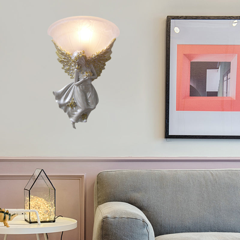 Flared Living Room Wall Light Fixture Simple Style Frosted/Amber Glass 1 Light Sconce Light with Gold/White Angel toward Right/Left White Right Clearhalo 'Wall Lamps & Sconces' 'Wall Lights' Lighting' 227570