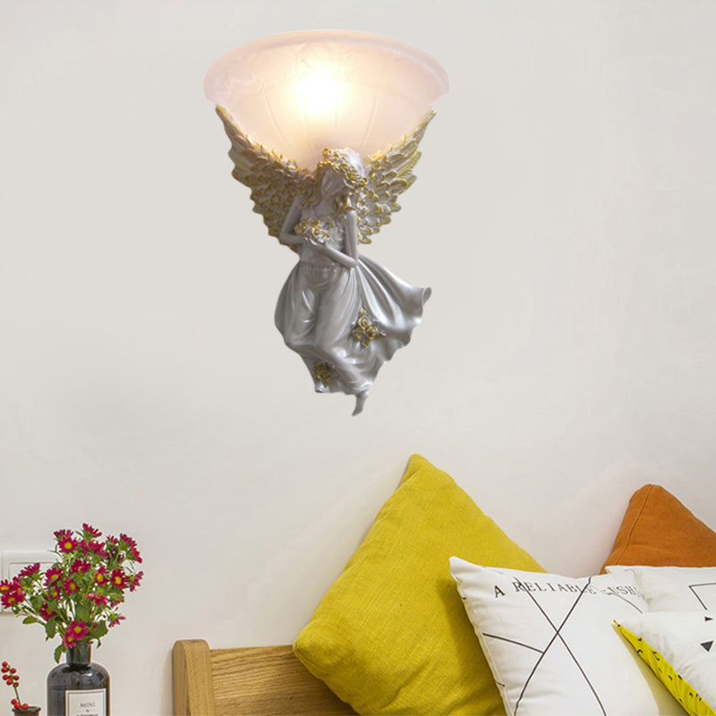 Flared Living Room Wall Light Fixture Simple Style Frosted/Amber Glass 1 Light Sconce Light with Gold/White Angel toward Right/Left Clearhalo 'Wall Lamps & Sconces' 'Wall Lights' Lighting' 227575