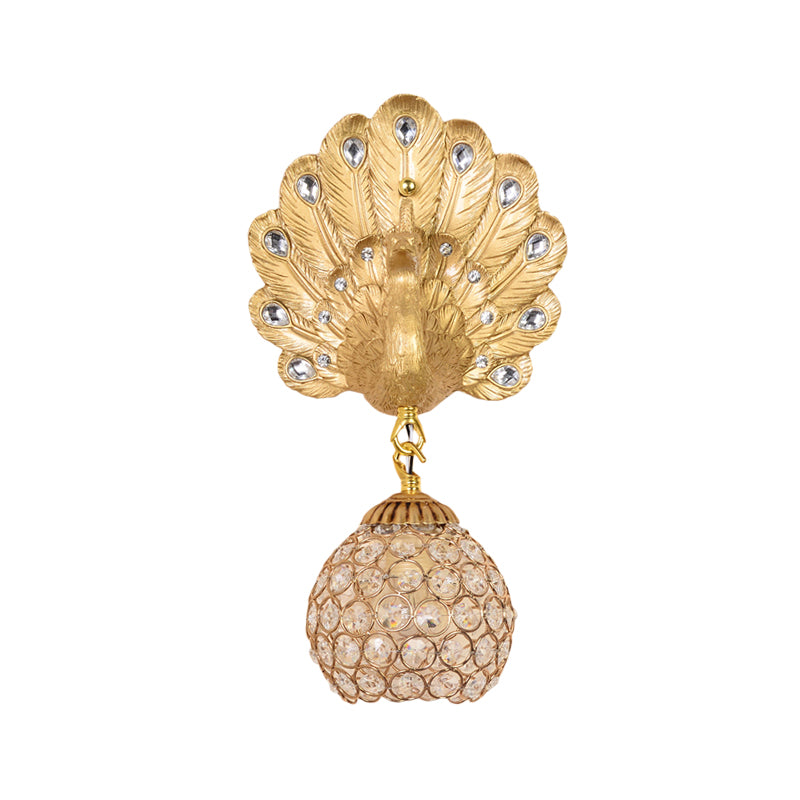 Gold Peacock Wall Mounted Light Vintage Resin 1 Light Living Room Sconce Light with Dome Shade, 8"/14" Wide Clearhalo 'Wall Lamps & Sconces' 'Wall Lights' Lighting' 227594