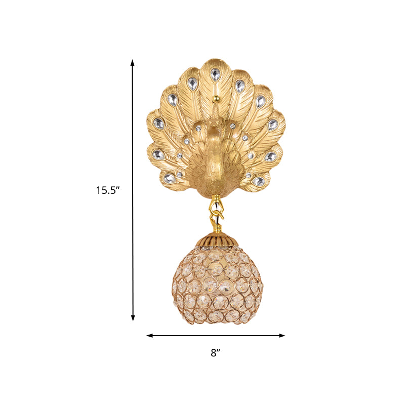 Gold Peacock Wall Mounted Light Vintage Resin 1 Light Living Room Sconce Light with Dome Shade, 8"/14" Wide Clearhalo 'Wall Lamps & Sconces' 'Wall Lights' Lighting' 227595