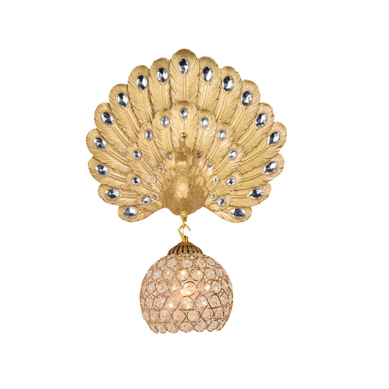 Gold Peacock Wall Mounted Light Vintage Resin 1 Light Living Room Sconce Light with Dome Shade, 8"/14" Wide Clearhalo 'Wall Lamps & Sconces' 'Wall Lights' Lighting' 227598