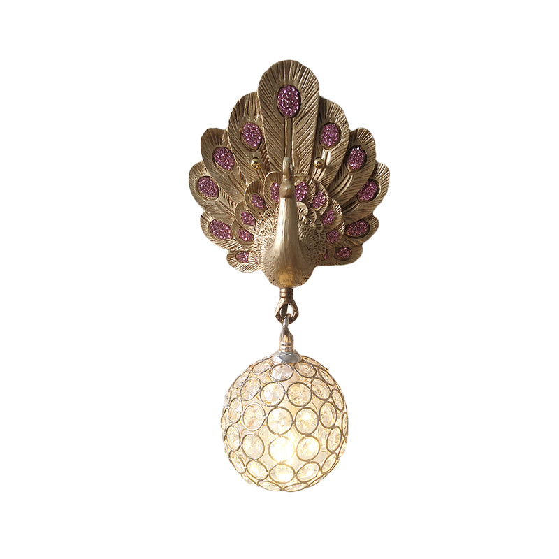 Clear Crystal Orb Wall Lamp with Resin Peacock 1 Light Gold/Pink/White Wall Mounted Light for Bedside Clearhalo 'Wall Lamps & Sconces' 'Wall Lights' Lighting' 227602