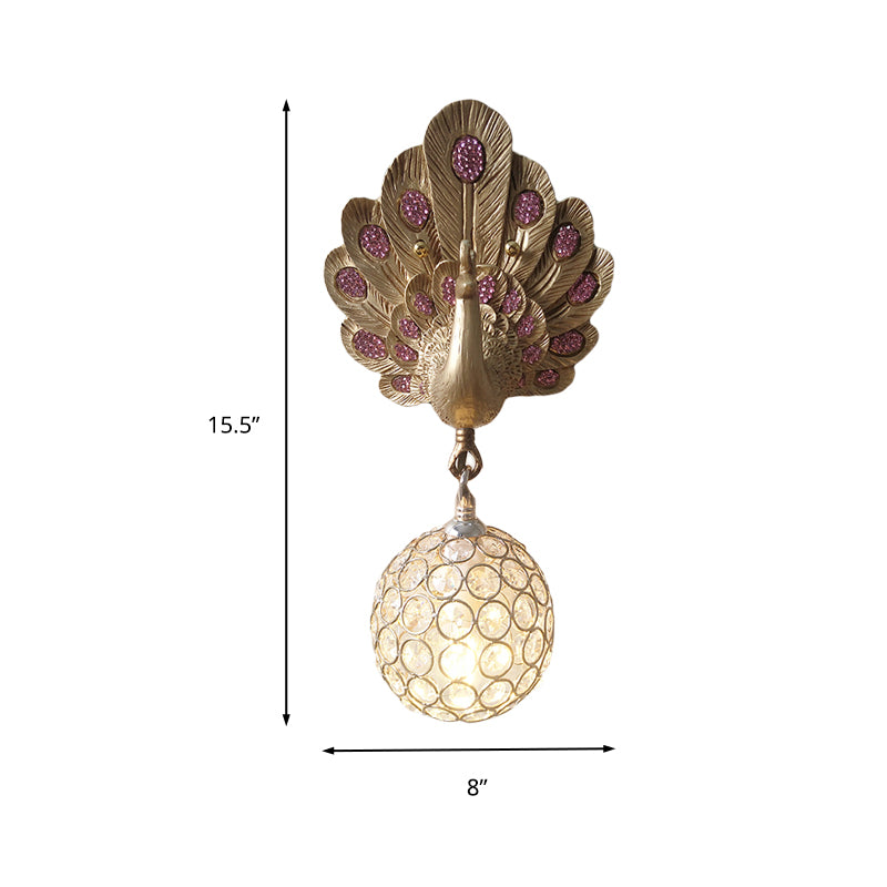 Clear Crystal Orb Wall Lamp with Resin Peacock 1 Light Gold/Pink/White Wall Mounted Light for Bedside Clearhalo 'Wall Lamps & Sconces' 'Wall Lights' Lighting' 227603