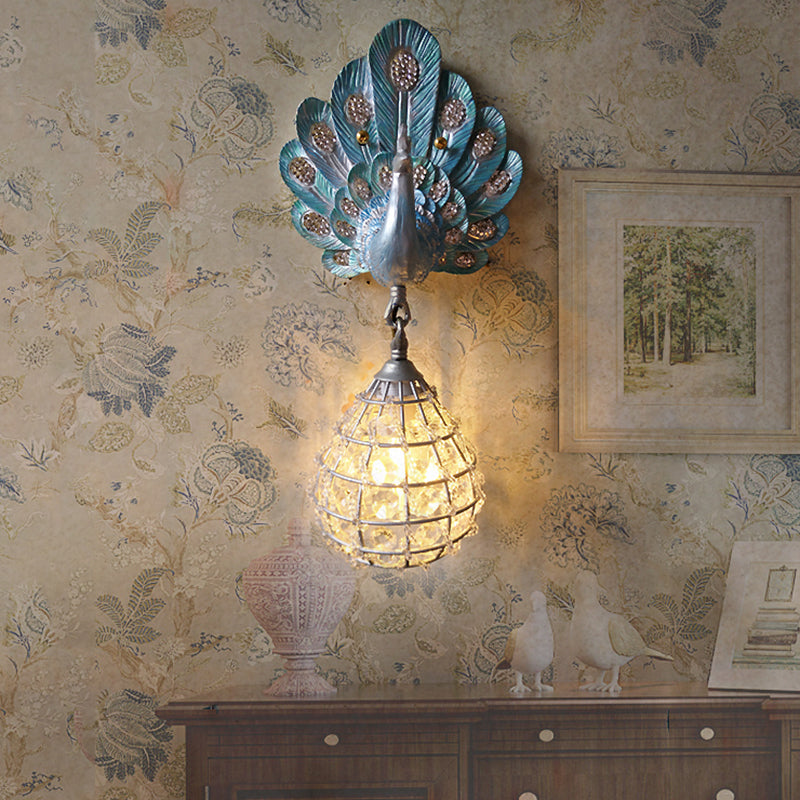 1 Light Wall Mount Light with Peacock Decoration Resin Vintage Bedroom Sconce Light in Green/Silver/Blue Blue Clearhalo 'Wall Lamps & Sconces' 'Wall Lights' Lighting' 227614