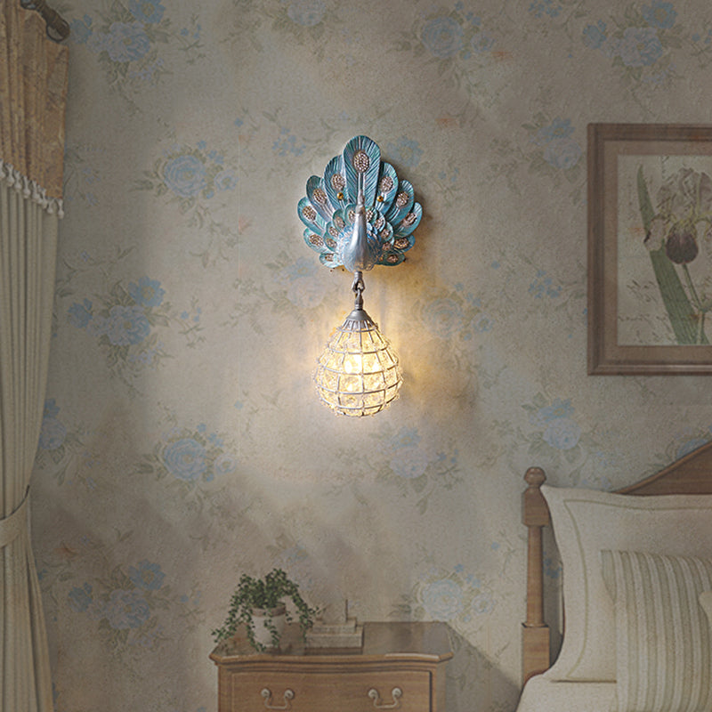 1 Light Wall Mount Light with Peacock Decoration Resin Vintage Bedroom Sconce Light in Green/Silver/Blue Clearhalo 'Wall Lamps & Sconces' 'Wall Lights' Lighting' 227615