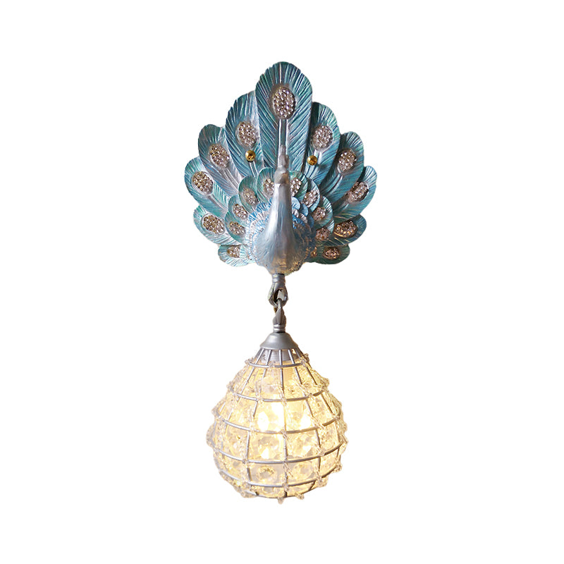 1 Light Wall Mount Light with Peacock Decoration Resin Vintage Bedroom Sconce Light in Green/Silver/Blue Clearhalo 'Wall Lamps & Sconces' 'Wall Lights' Lighting' 227616