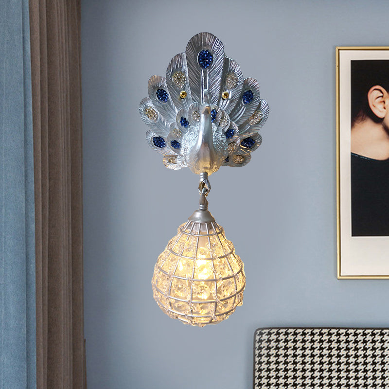 1 Light Wall Mount Light with Peacock Decoration Resin Vintage Bedroom Sconce Light in Green/Silver/Blue Silver Clearhalo 'Wall Lamps & Sconces' 'Wall Lights' Lighting' 227617