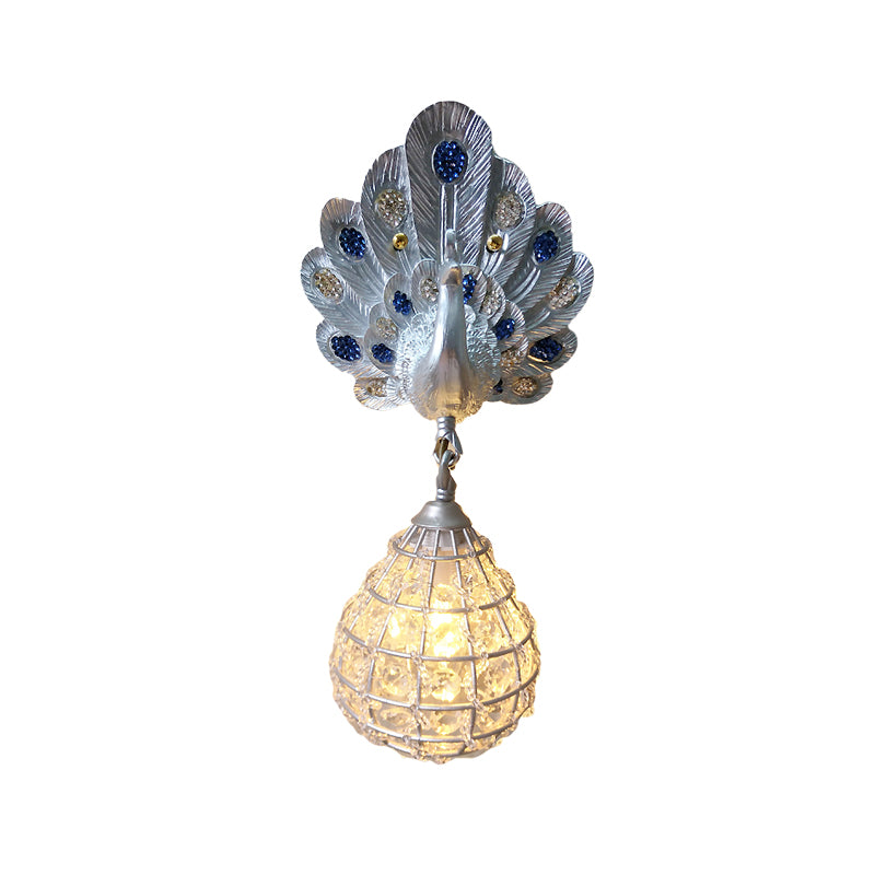1 Light Wall Mount Light with Peacock Decoration Resin Vintage Bedroom Sconce Light in Green/Silver/Blue Clearhalo 'Wall Lamps & Sconces' 'Wall Lights' Lighting' 227619