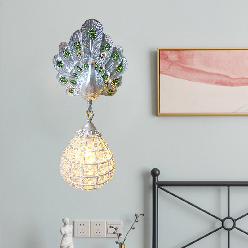 1 Light Wall Mount Light with Peacock Decoration Resin Vintage Bedroom Sconce Light in Green/Silver/Blue Green Clearhalo 'Wall Lamps & Sconces' 'Wall Lights' Lighting' 227620