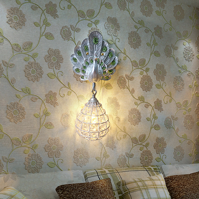 1 Light Wall Mount Light with Peacock Decoration Resin Vintage Bedroom Sconce Light in Green/Silver/Blue Clearhalo 'Wall Lamps & Sconces' 'Wall Lights' Lighting' 227621