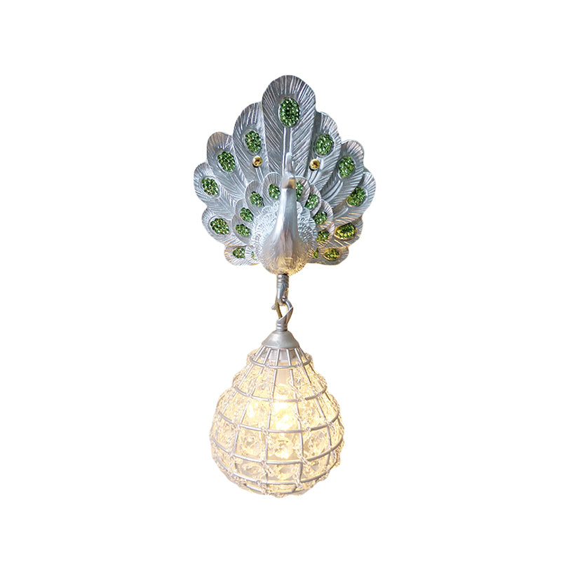 1 Light Wall Mount Light with Peacock Decoration Resin Vintage Bedroom Sconce Light in Green/Silver/Blue Clearhalo 'Wall Lamps & Sconces' 'Wall Lights' Lighting' 227622