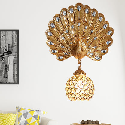 Crystal Globe Sconce Light Fixture Traditional 1 Light Bedroom Wall Mounted Light with Blue/Gold/White Peacock Backplate Gold Clearhalo 'Wall Lamps & Sconces' 'Wall Lights' Lighting' 227695