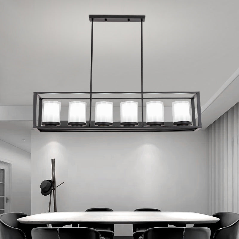 Cylinder Glass Island Light Traditional 3/6 Lights Dining Room Hanging Light Fixture with Black Rectangle Frame 6 Black Clearhalo 'Ceiling Lights' 'Glass shade' 'Glass' 'Island Lights' Lighting' 227731