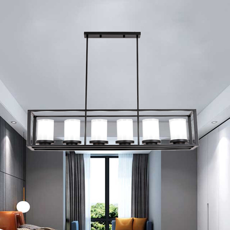 Cylinder Glass Island Light Traditional 3/6 Lights Dining Room Hanging Light Fixture with Black Rectangle Frame Clearhalo 'Ceiling Lights' 'Glass shade' 'Glass' 'Island Lights' Lighting' 227732