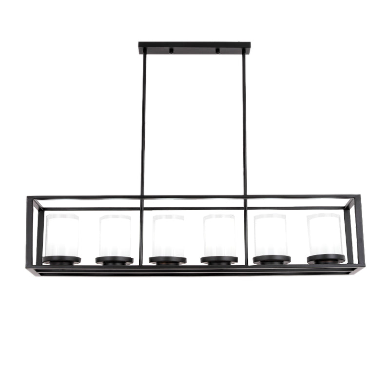 Cylinder Glass Island Light Traditional 3/6 Lights Dining Room Hanging Light Fixture with Black Rectangle Frame Clearhalo 'Ceiling Lights' 'Glass shade' 'Glass' 'Island Lights' Lighting' 227733