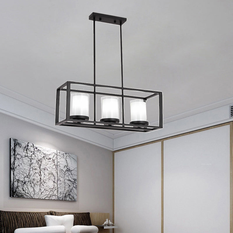 Cylinder Glass Island Light Traditional 3/6 Lights Dining Room Hanging Light Fixture with Black Rectangle Frame Clearhalo 'Ceiling Lights' 'Glass shade' 'Glass' 'Island Lights' Lighting' 227737