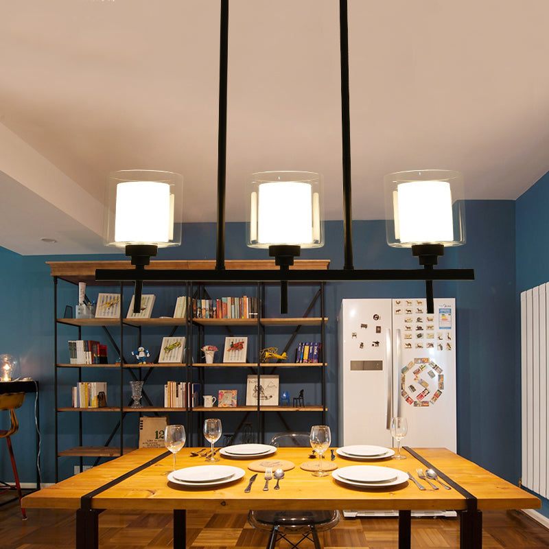 Cylinder Dining Room Island Lamp Traditional 3/4 Lights Hanging Light with Inner White Glass Shade Clearhalo 'Ceiling Lights' 'Glass shade' 'Glass' 'Island Lights' Lighting' 227782