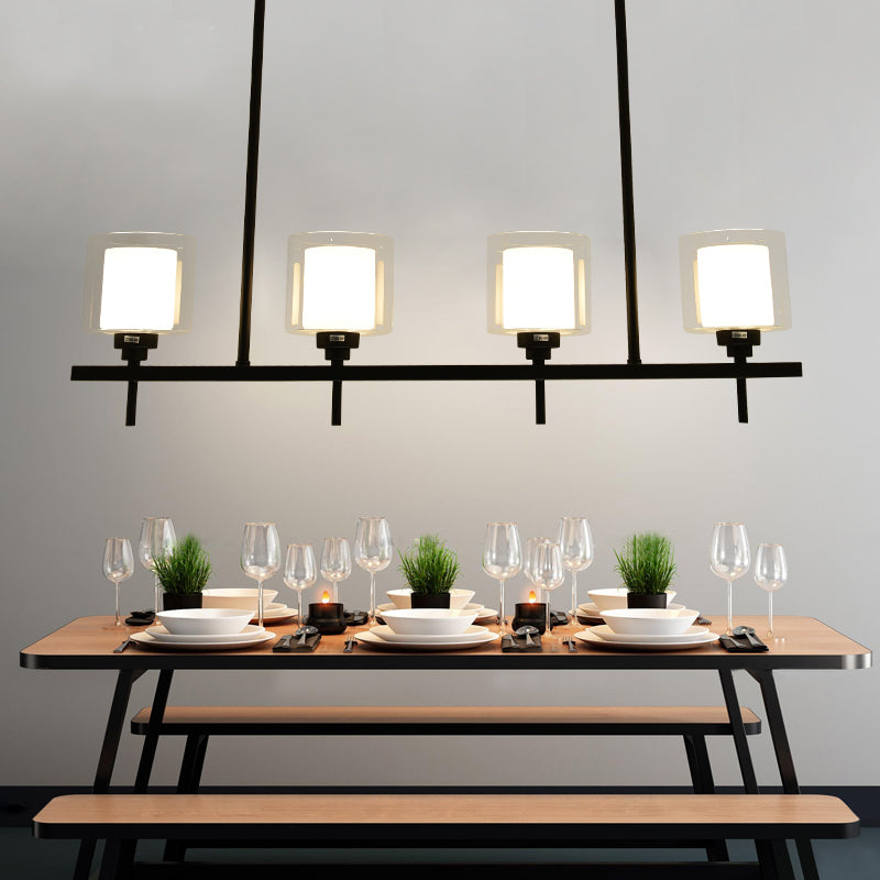 Cylinder Dining Room Island Lamp Traditional 3/4 Lights Hanging Light with Inner White Glass Shade 4 White Clearhalo 'Ceiling Lights' 'Glass shade' 'Glass' 'Island Lights' Lighting' 227785