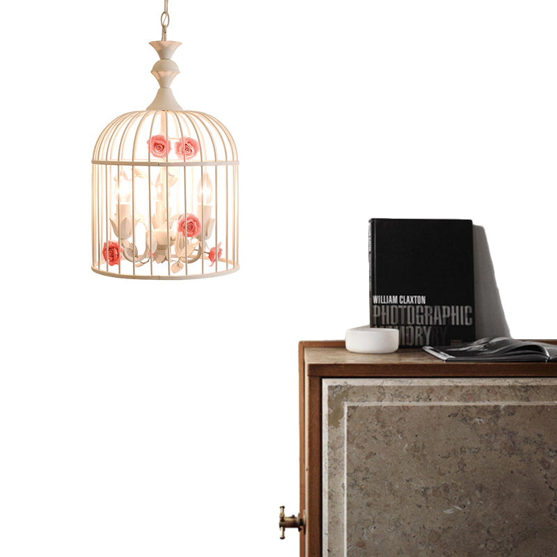 3 Lights Chandelier Light Rustic Birdcage Metal Hanging Ceiling Light with Blue/Pink Flower Decoration Pink Clearhalo 'Ceiling Lights' 'Chandeliers' Lighting' options 227846_a596c9b4-a932-408e-84b9-bd432125c355