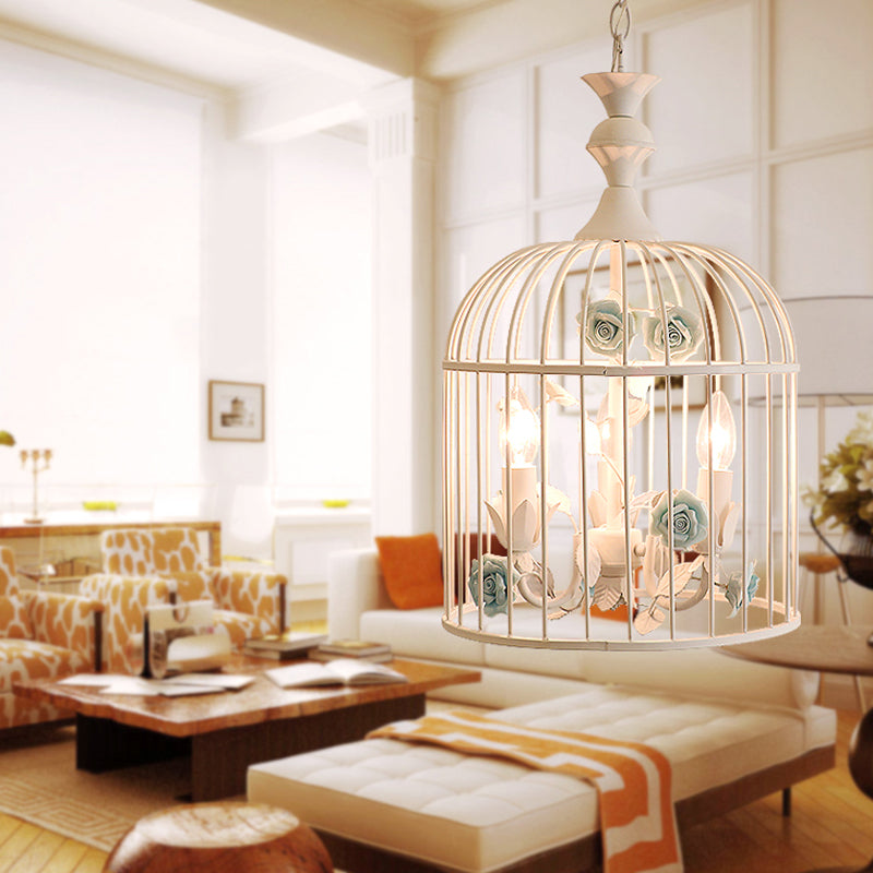 3 Lights Chandelier Light Rustic Birdcage Metal Hanging Ceiling Light with Blue/Pink Flower Decoration Blue Clearhalo 'Ceiling Lights' 'Chandeliers' Lighting' options 227850_b14331e4-baee-41d9-8bd0-89020ec3f22f