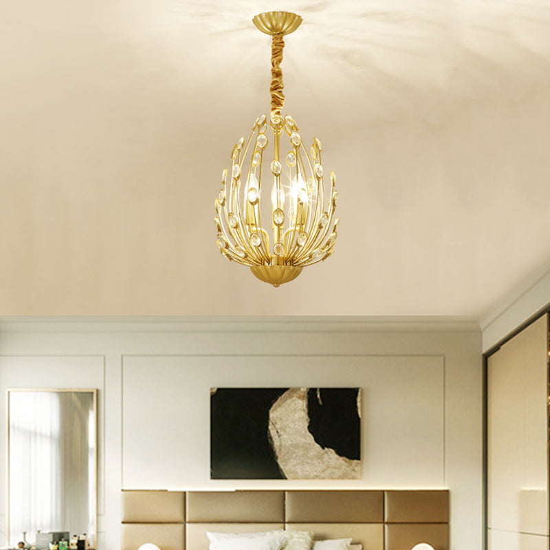 Oval Metal and Crystal Hanging Light Rustic 3/6 Lights Dining Room Chandelier Light in Gold 3 Gold Clearhalo 'Ceiling Lights' 'Chandeliers' Lighting' options 227863_d3ab225a-8238-46ae-9a98-b0ed967cd1ed