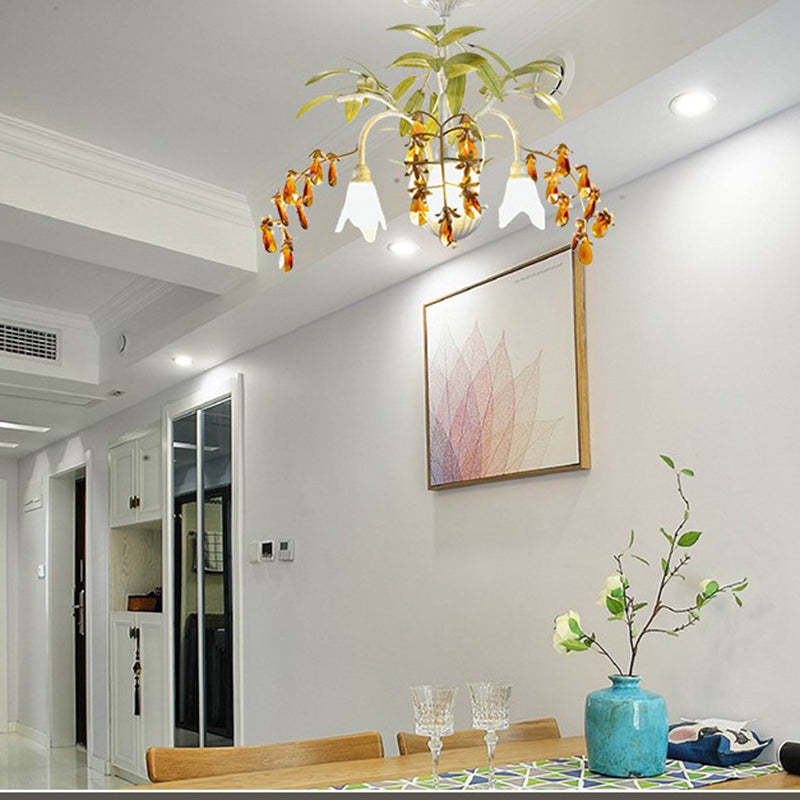 Rustic Flower Chandelier Light 3/6 Lights White Glass Hanging Light with Amber Crystal Decoration 3 White Clearhalo 'Ceiling Lights' 'Chandeliers' 'Close To Ceiling Lights' 'Glass shade' 'Glass' Lighting' 227881
