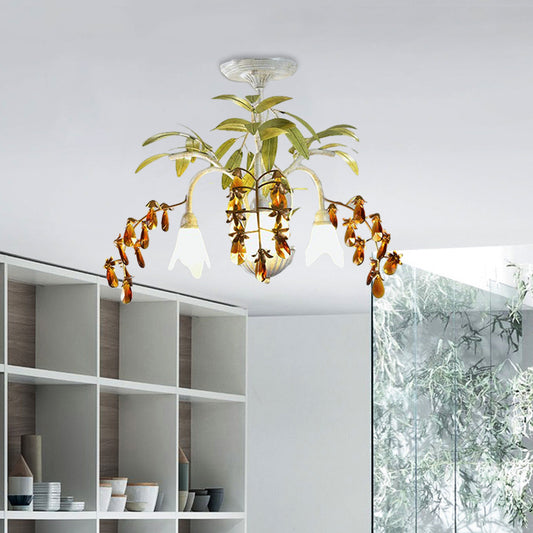 Rustic Flower Chandelier Light 3/6 Lights White Glass Hanging Light with Amber Crystal Decoration Clearhalo 'Ceiling Lights' 'Chandeliers' 'Close To Ceiling Lights' 'Glass shade' 'Glass' Lighting' 227882