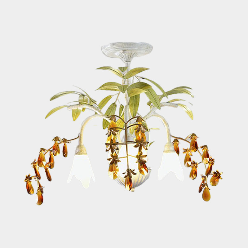 Rustic Flower Chandelier Light 3/6 Lights White Glass Hanging Light with Amber Crystal Decoration Clearhalo 'Ceiling Lights' 'Chandeliers' 'Close To Ceiling Lights' 'Glass shade' 'Glass' Lighting' 227883